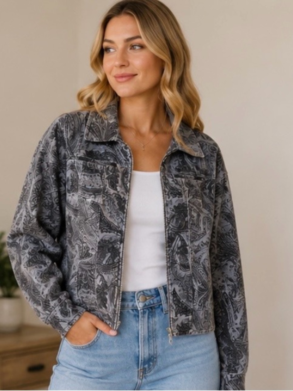 Jones New York Gray Paisley Zip-Front Jacket